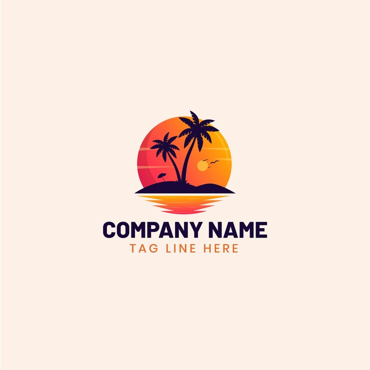Un logo con puesta de sol y palmeras.