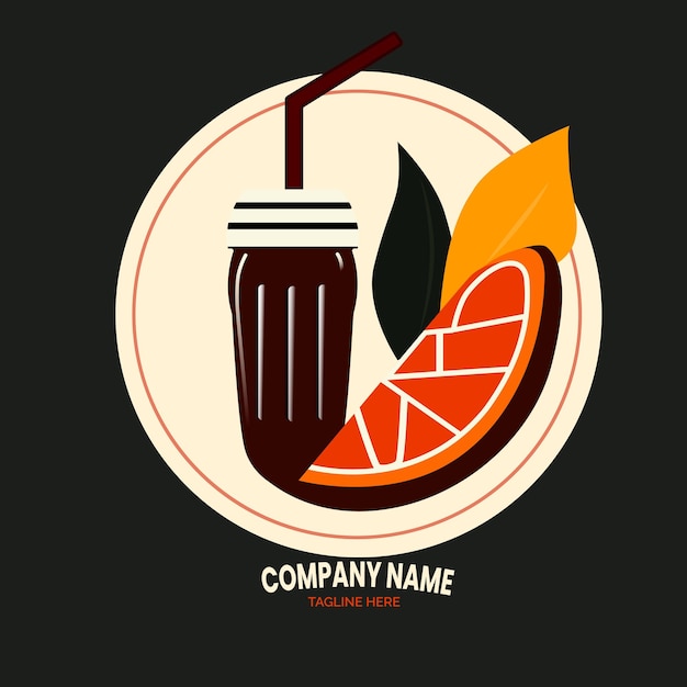 Un logo redondo con un vaso de jugo de naranja y una pajita.