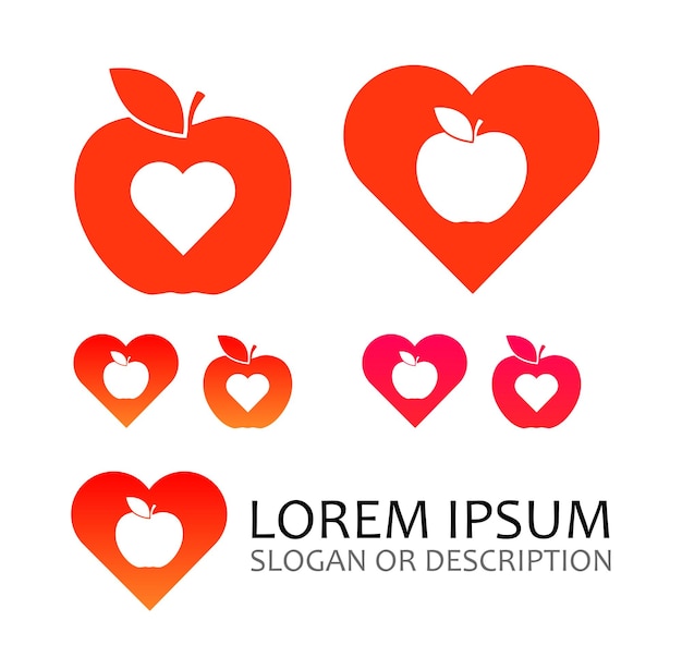 Vector logo con signo de manzana y corazones