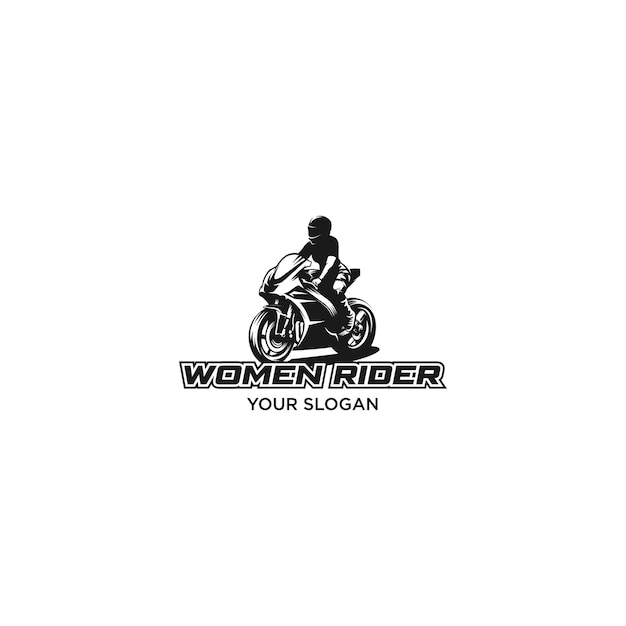 Logo de silueta de mujer rider motorsport aislado en blanco