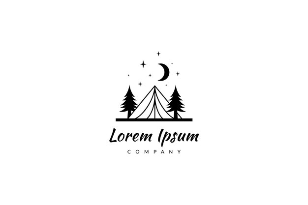 Logo de la tienda de campaña en la noche decorado con luna y estrellas brillantes con pinos alrededor