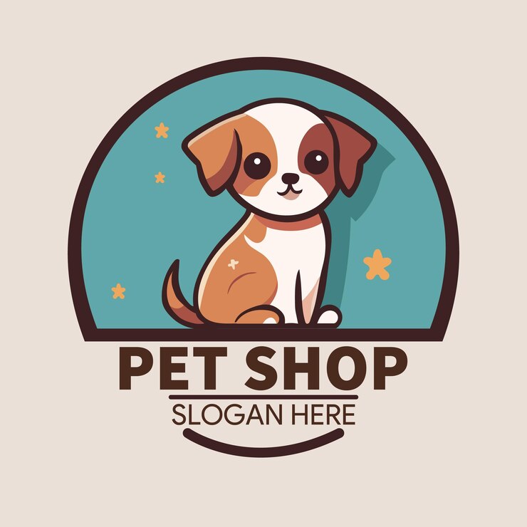 El logo de una tienda de mascotas con un perro sentado para una empresa de marca