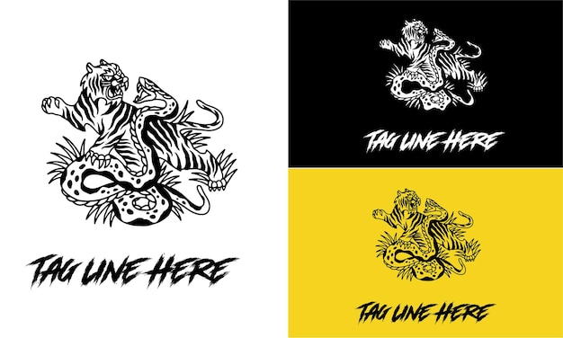 Logo tigre y serpiente lucha diseño vectorial en blanco y negro