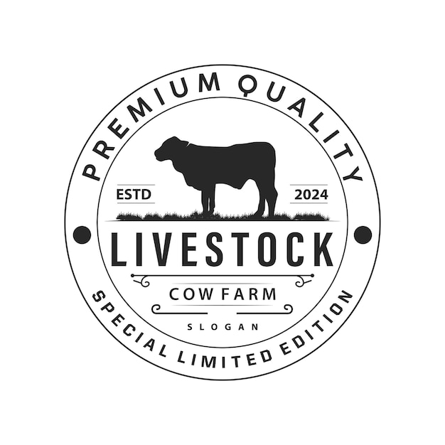 Logo de la vaca Diseño simple de la granja de ganado Silhueta del ganado Insignia vectorial para la marca comercial