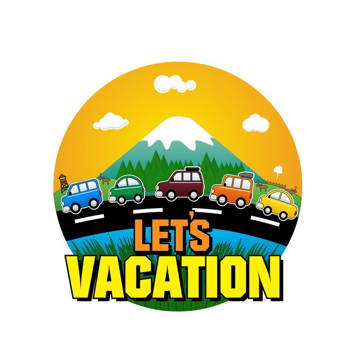 Vector un logo para unas vacaciones de verano con una montaña de fondo.