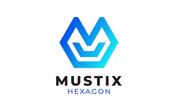 Logo vector inicial MU diseño minimalista color azul estilo hexágono marca empresa