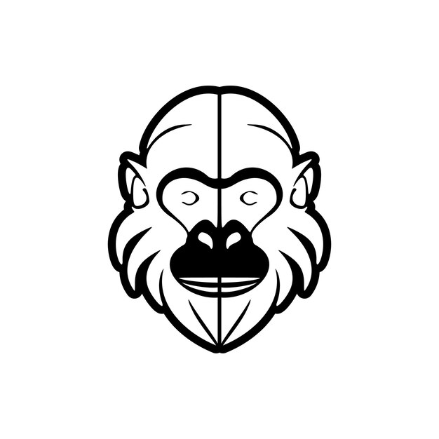El logo vectorial de mono blanco y negro está hábilmente aislado en un fondo de blanco puro