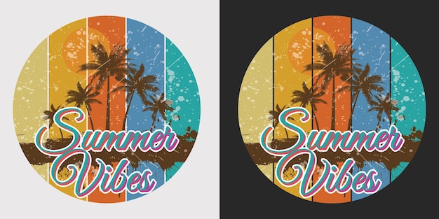 Un logo para el verano con una palmera y una escena de playa.