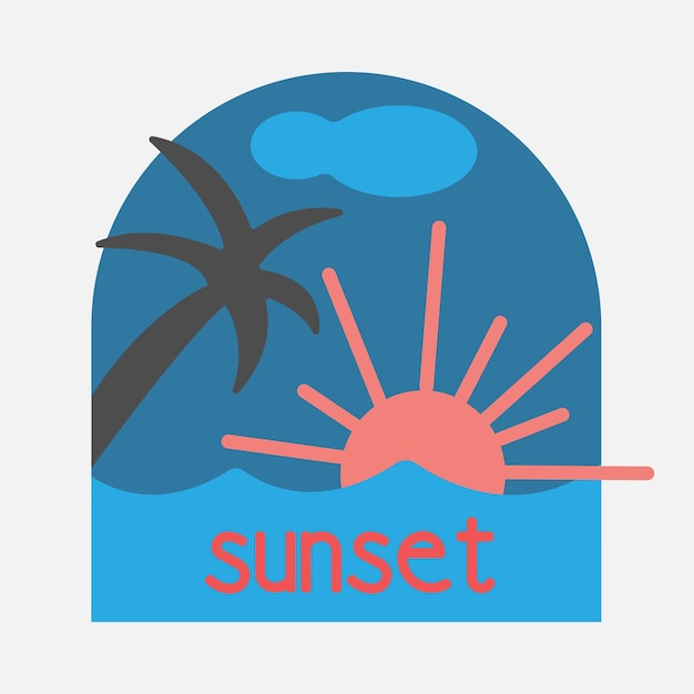 Logo de verano con palmera sol mar e inscripción.