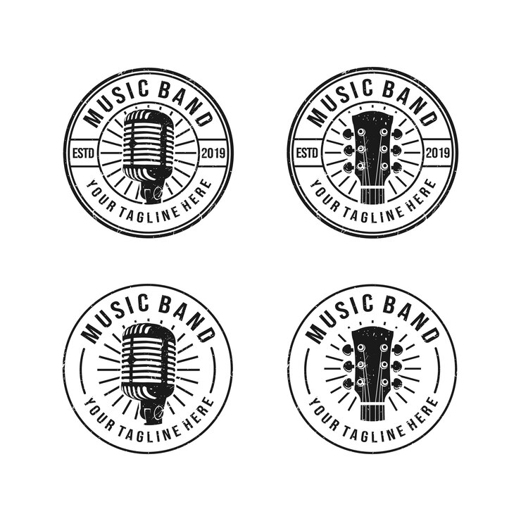 Logo vintage, clásico y grunge para banda de música con micrófono y guitarra.