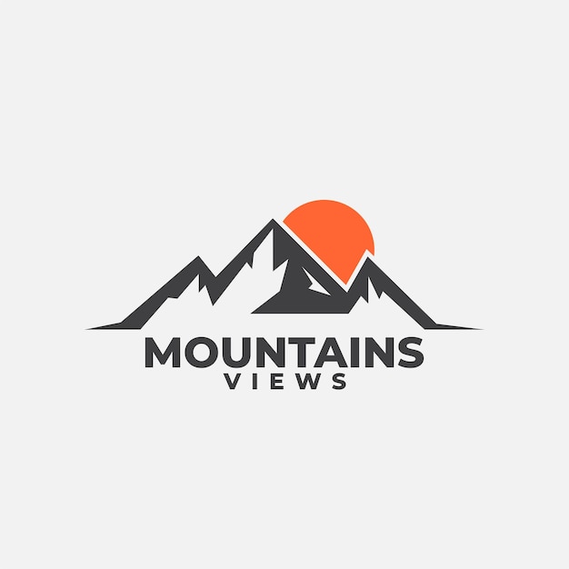 Un logo para vistas a las montañas con el sol detrás.