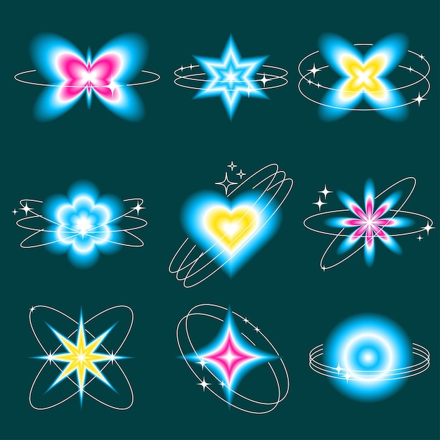 Logos borrosos al estilo Y2k con formas lineales órbitas y estrellas Círculo de corazón borroso Mariposa St