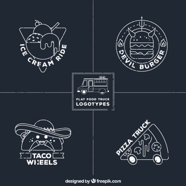 Logos de camioneta de comida dibujados a mano en estilo pizarra