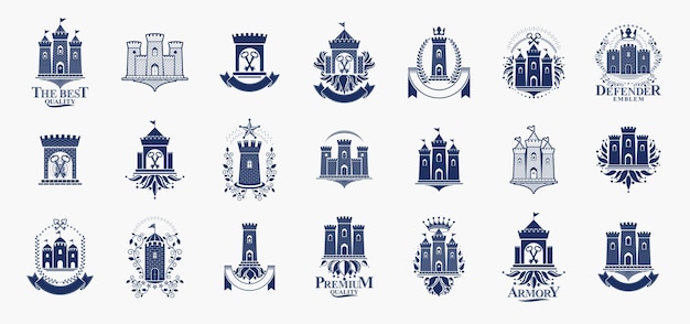 Logos de castillos gran conjunto de vectores, colección de emblemas de fortalezas heráldicas antiguas, elementos de diseño de heráldica de estilo clásico, fortalezas antiguas y ciudadelas.