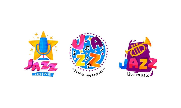 Logos coloridos para el festival de música de jazz o el conjunto vectorial de conciertos en vivo