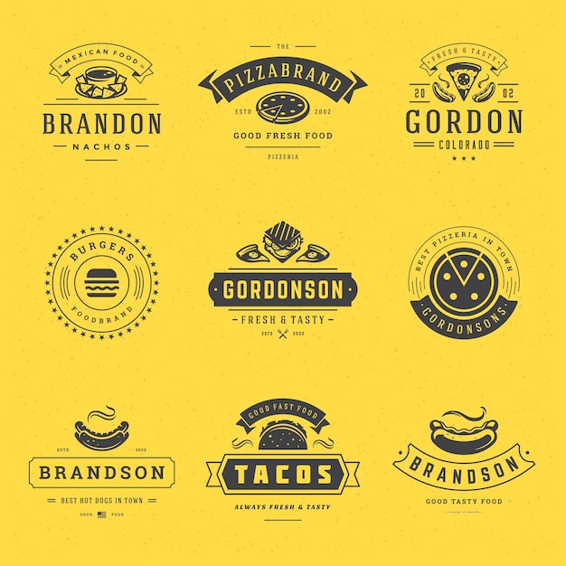 Vector logos de comida rápida establecen ilustración vectorial. bueno para insignias de menú de pizzerías, hamburguesas y restaurantes, siluetas de comida rápida. diseño de emblemas de tipografía retro.