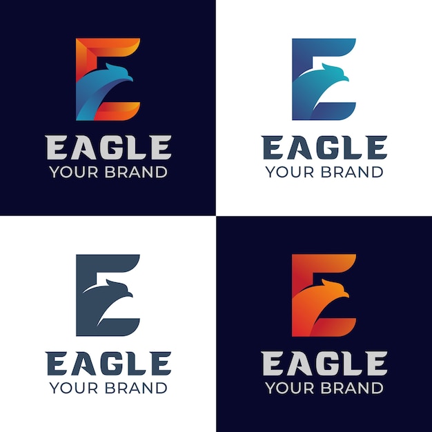 Logos degradados de la letra inicial E con el símbolo del águila para el diseño de logotipos de logística express de entrega