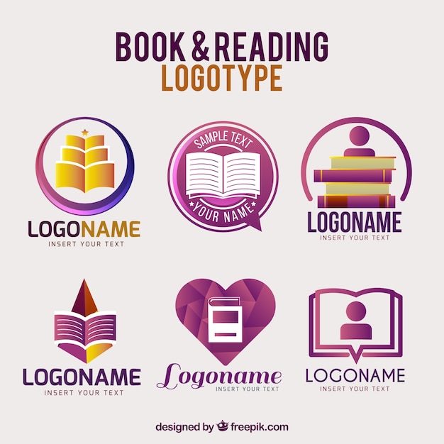 Vector logos de libros morados con diferentes diseños