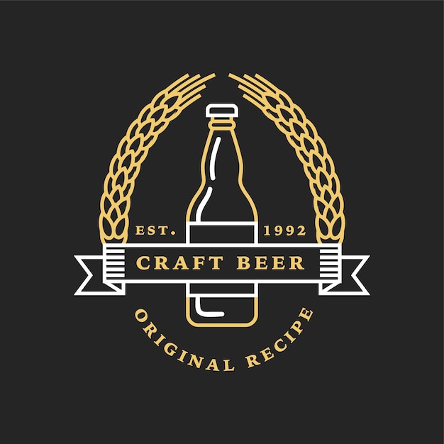 Logos lineales de cervecería dorada. Botellas y lúpulos.