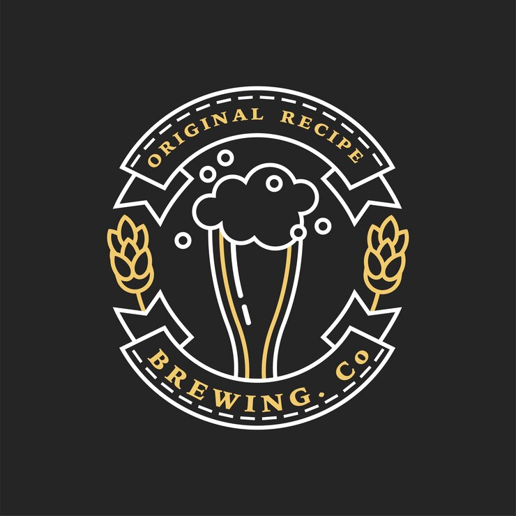 Logos lineales de cervecería dorada. Vaso de cerveza y lúpulo