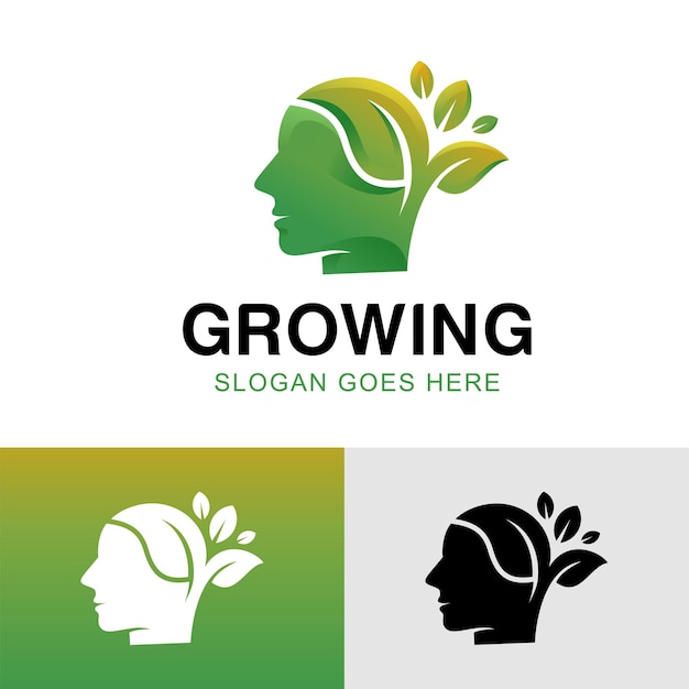 Logos de naturaleza verde de mente en crecimiento con cara de personas, diseño de logotipo de cultivo inteligente de arte de línea moderna