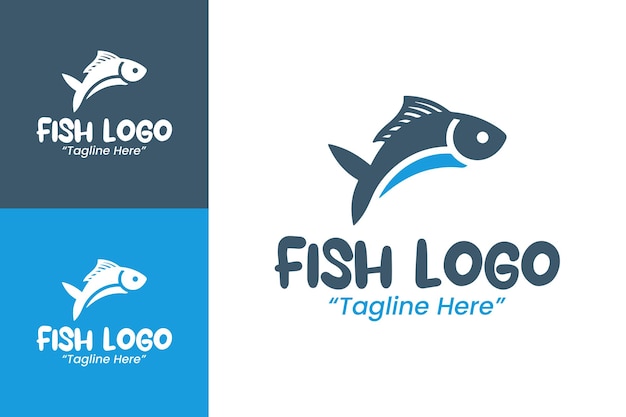 Logos de pescado personalizables en azul claro y azul oscuro para la marca de restaurantes y mariscos