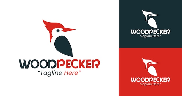 Logos profesionales y elegantes de pájaro carpintero con colores rojo, negro y blanco