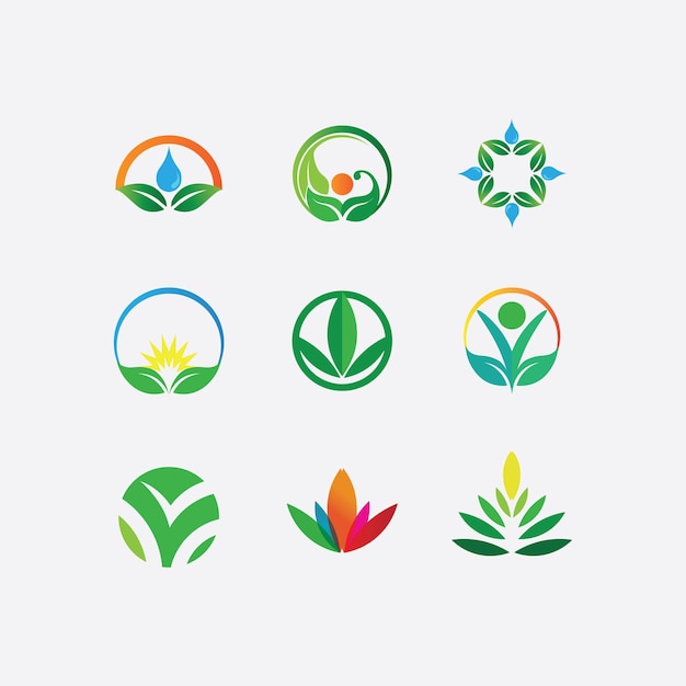Logos de vector de elemento de naturaleza de ecología de hoja de árbol verde
