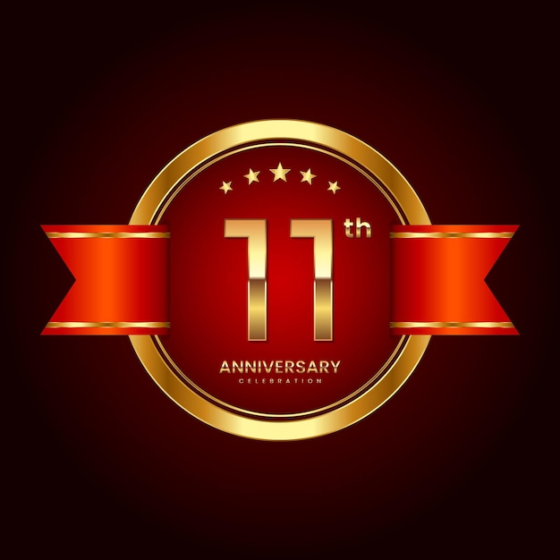 Vector logotipo del 11º aniversario con estilo de insignia logotipo del aniversario con color dorado y cinta roja logo vector
