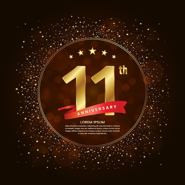 Logotipo del 11.º aniversario con un número dorado y un concepto de cinta roja decorado con purpurina y estrellas