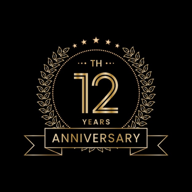 Logotipo del 12º aniversario con corona de laurel dorada Diseño de vectores de arte lineal