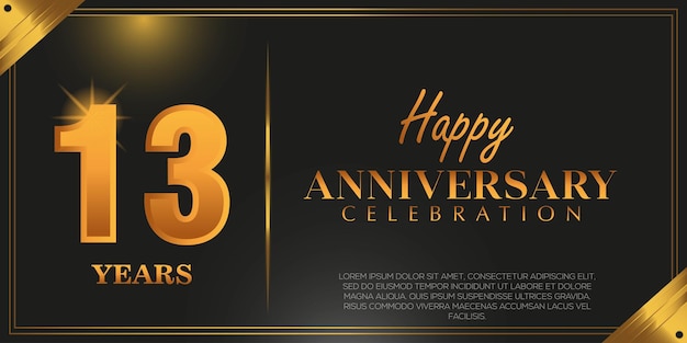 Logotipo del 13º aniversario con confeti de color dorado aislado en fondo negro, diseño vectorial.