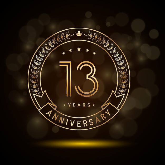 Logotipo del 13.º aniversario con corona de laurel dorada y diseño de plantilla de números de doble línea para evento de celebración de aniversario diseño de vector de estilo de doble línea