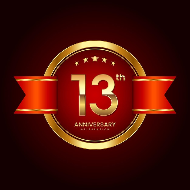 Logotipo del 13.º aniversario con estilo de insignia Logotipo del aniversario con color dorado y cinta roja Logo Vector