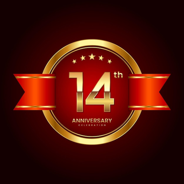 Logotipo del 14.º aniversario con estilo de insignia Logotipo del aniversario con color dorado y cinta roja Logo Vector