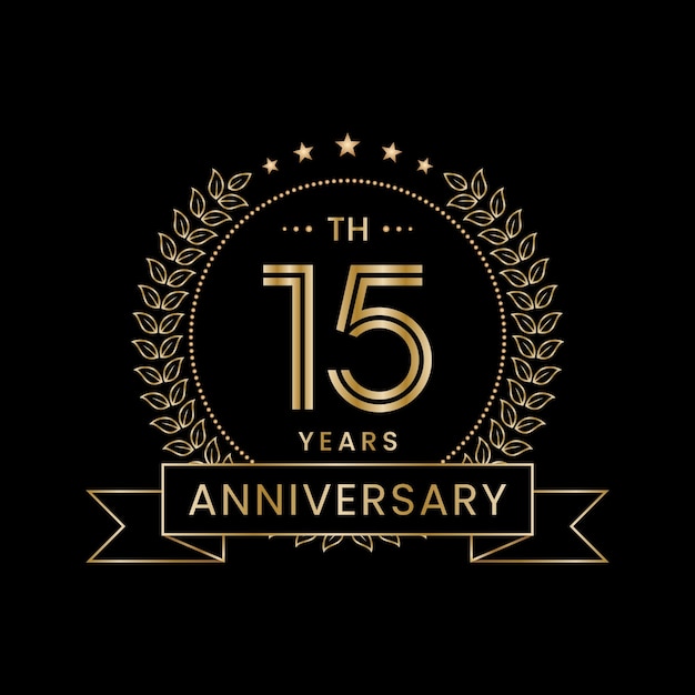 Logotipo del 15.º aniversario con corona de laurel dorada Diseño de vectores de arte lineal