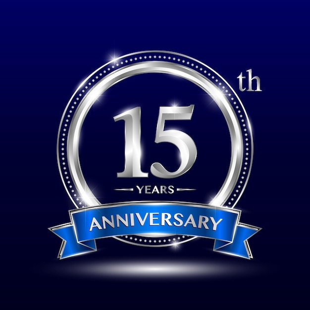 Logotipo del 15.º aniversario con estilo retro Número plateado y texto con diseño vectorial de cinta azul