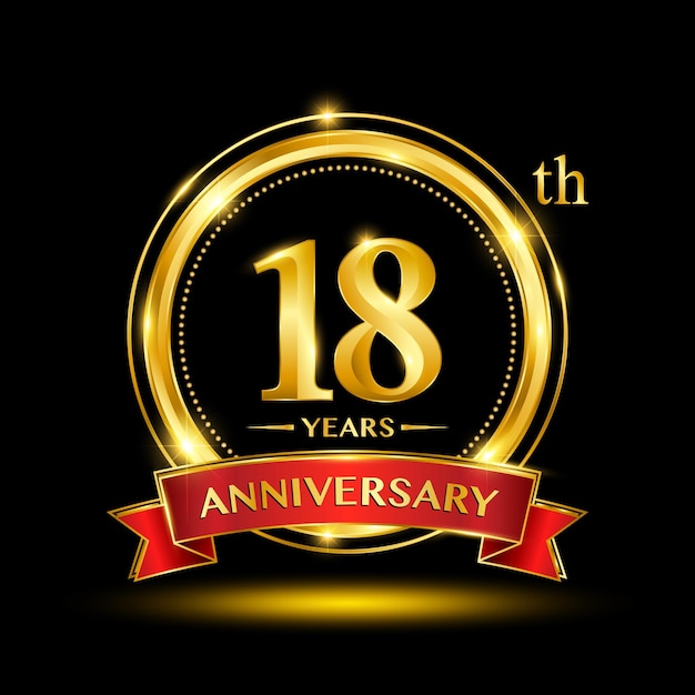 logotipo del 18.º aniversario con estilo de insignia dorada y cinta roja