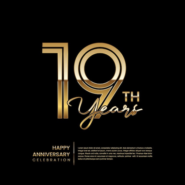 Logotipo del 19.º aniversario con estilo de línea doble Diseño de arte de línea dorada Plantilla de vector de logotipo