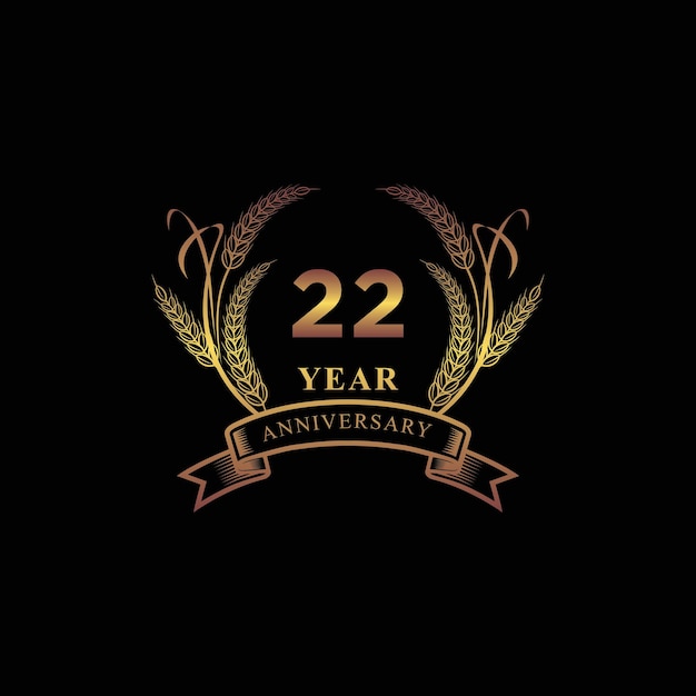 Logotipo del 22 aniversario de oro con vector de corona de laurel de anillo y cinta