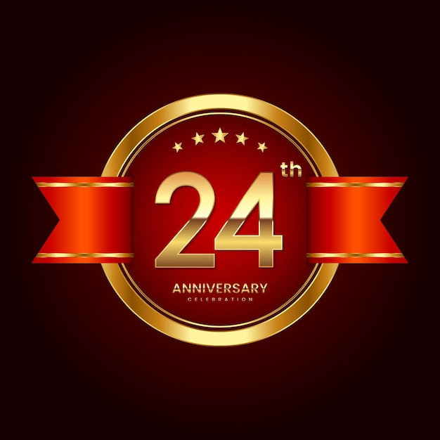 Logotipo del 24 aniversario con estilo de insignia Logotipo del aniversario con color dorado y cinta roja Logo Vector