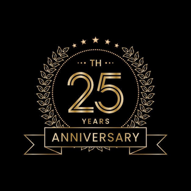 Logotipo del 25 aniversario con corona de laurel dorada Diseño de vectores de arte lineal