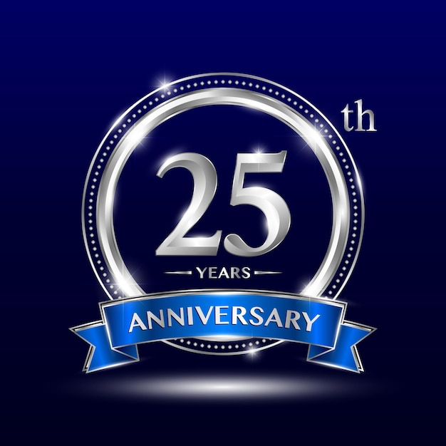 Logotipo del 25 aniversario con estilo retro Número de plata y texto con diseño de vector de cinta azul