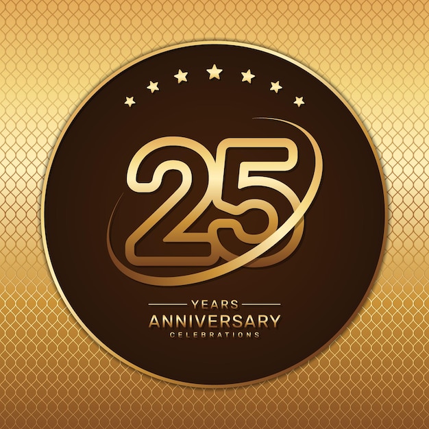 Vector logotipo del 25 aniversario con un número dorado y un anillo aislado en un fondo dorado