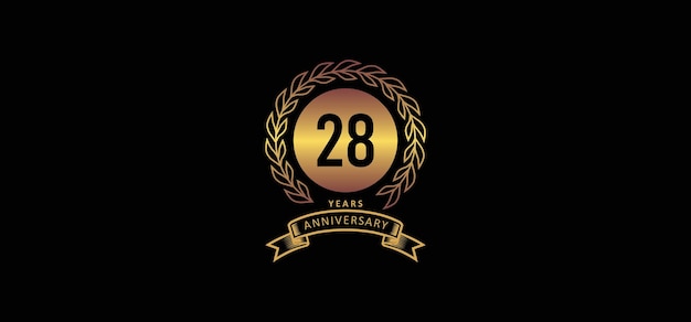 Logotipo del 28 aniversario con fondo dorado y negro.