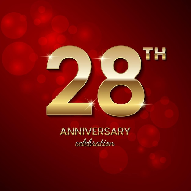 Logotipo del 28 aniversario Número dorado con confeti brillante y plantilla vectorial brillante