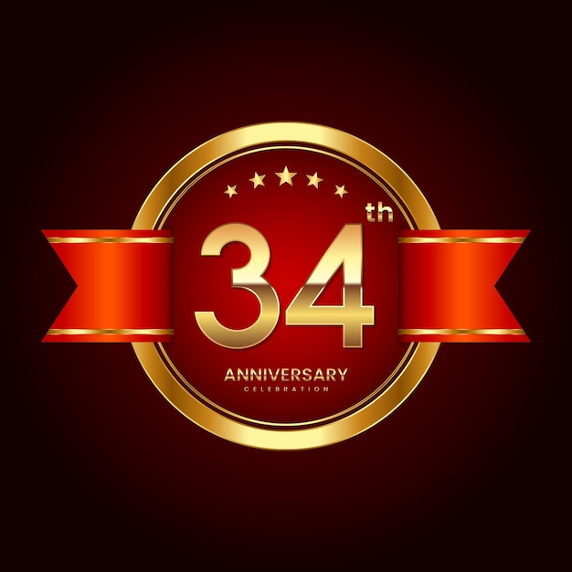 Logotipo del 34.º aniversario con estilo de insignia Logotipo del aniversario con color dorado y cinta roja Logo Vector