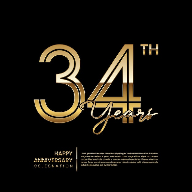 Logotipo del 34 aniversario con estilo de línea doble diseño de arte de línea dorada plantilla de vector de logotipo