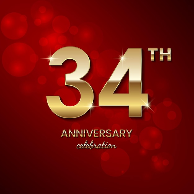 Logotipo del 34 aniversario Número dorado con confeti brillante y plantilla vectorial brillante