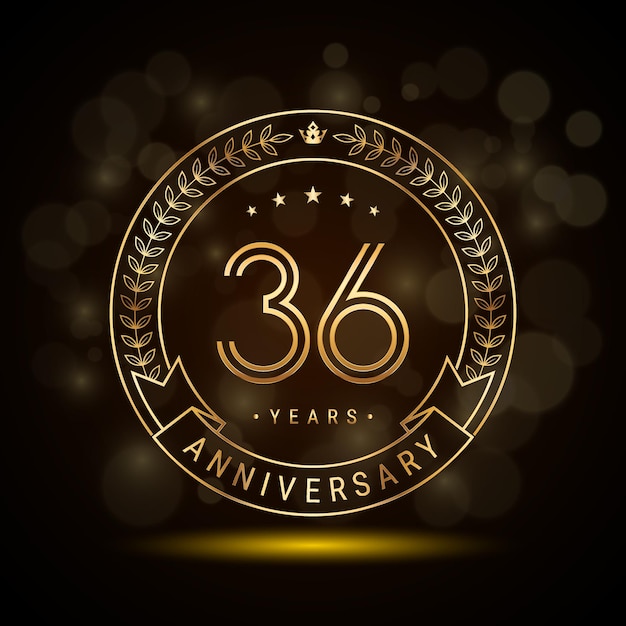 Logotipo del 36.º aniversario con corona de laurel dorada y diseño de plantilla de números de doble línea para evento de celebración de aniversario diseño de vector de estilo de doble línea